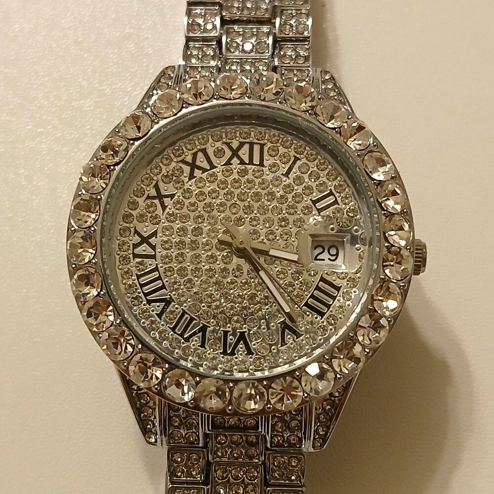 MISSFOX Iced Out Unisex Quartz Watch Silver Crystal Rhinestone Calendar 36mm